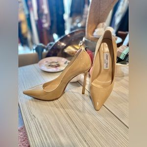 Jimmy Choo Tan Patent Leather Shoes, Size 7.
